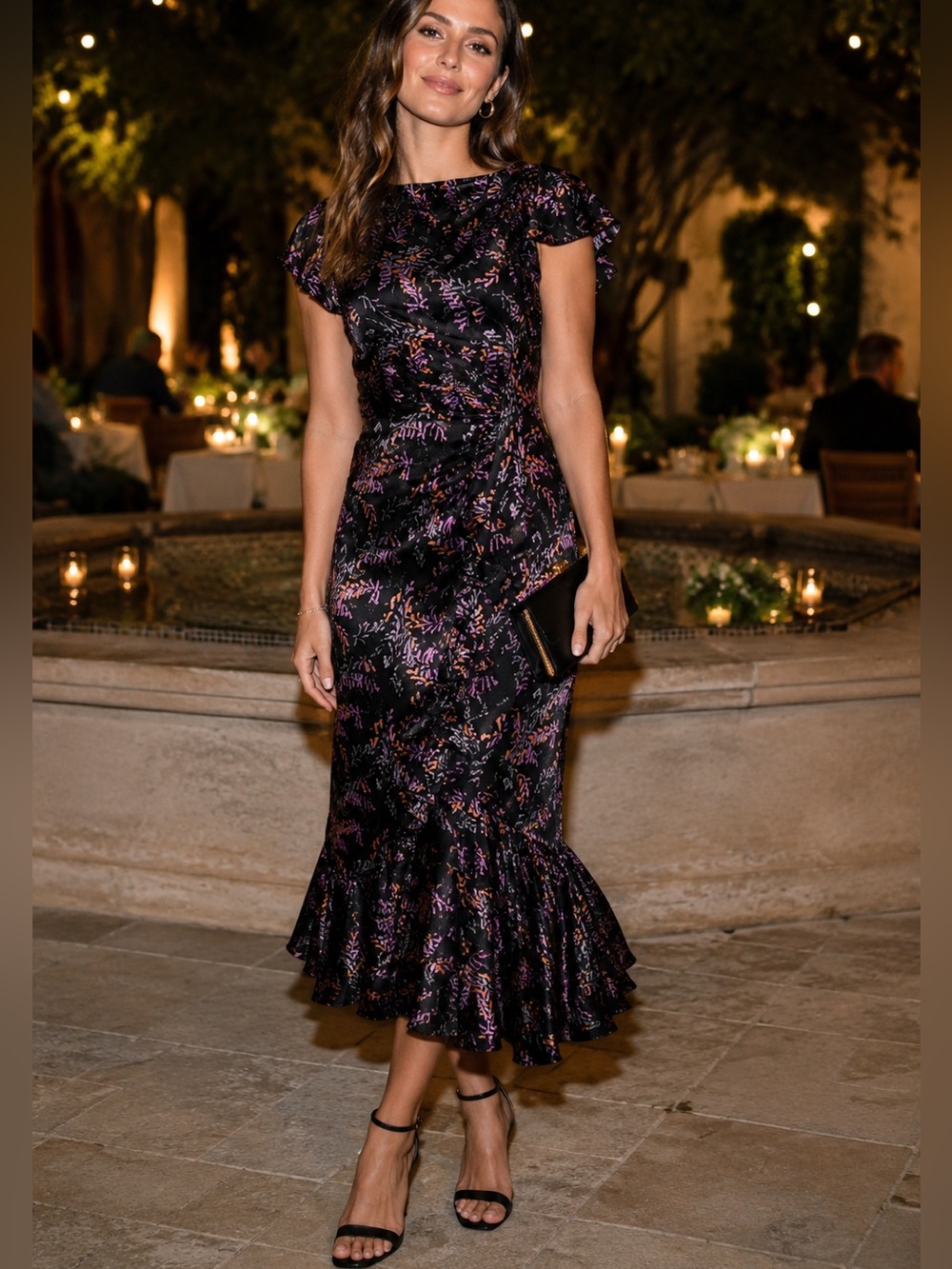 cinq a sept Black Floral Midi Dress with Pink & Purple Accents